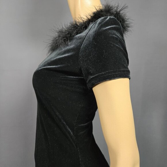 Vintage 90s black Velvet Mini dress Faux Fur Trim Size M Gothic Witchy Vampy - Picture 4 of 6